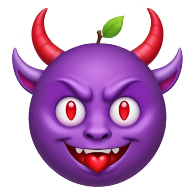 Purple demon emoji with red hearts for eyes, apple emoji, circular head with horns sticker