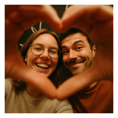 Selfie of two smiling people from a low angle, hands forming a heart shape in the foreground. One wears round glasses, the other has a small beard and a mischievous smile. Soft lighting, warm ambiance, dark background with white graphic decor. sticker