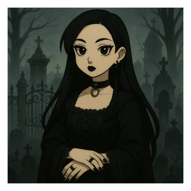 Add a gothic background with a graveyard, wrought iron gates, and mist. Keep Mona Lisa goth with piercings and black nails, maintaining the gothic style. sticker