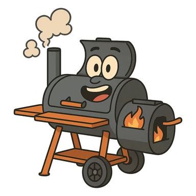 cartoon style bbq smoker with exaggerated features, smoke puffs, bright colors, no background sticker