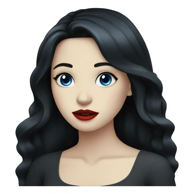 A girl with pale skin, long black hair and blue eyes, with red lips sticker