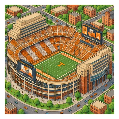 Изометричная, яркая, детализированная и фотореалистичная иллюстрация стадиона Neyland Stadium в стиле 3D-коллажей городов, насыщенные цвета, аккуратные линии, мультяшно-реалистичная стилистика. Чёткие контуры, прозрачный фон, высокое качество. sticker