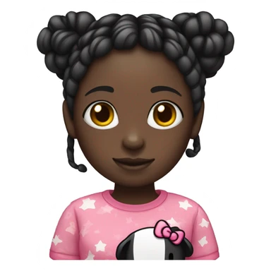 A dark skin girl with black knotless braids and a hello kitty shirt holding a thumbs ip sticker