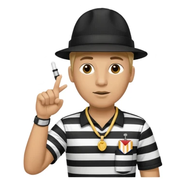 A calm referee with striped shirt, pointing clearly toward the field wearing whistle as a necklace sticker