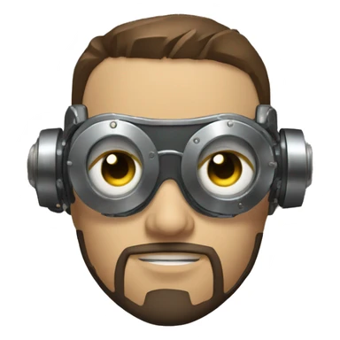 male cyborg head with brown short hair, brown beard, silver steampunk goggles and circuits sticker
