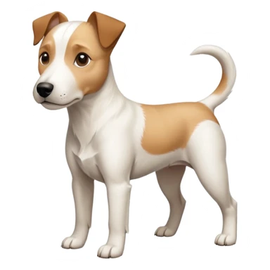 a full body facing front on of a buff white parson russell terrier looking dog the size of a kelpie with light brown long ears resting on its face and a light brown patch on one eye and a large snout. the rest of the dog is completely white.  sticker