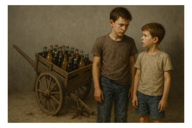 Bir g'ildiragi singan ichimliklar ortilgan arava uning yonida aka uka bir biriga havotirli nigoh bilan qarab turibdi realistik uslubda sticker