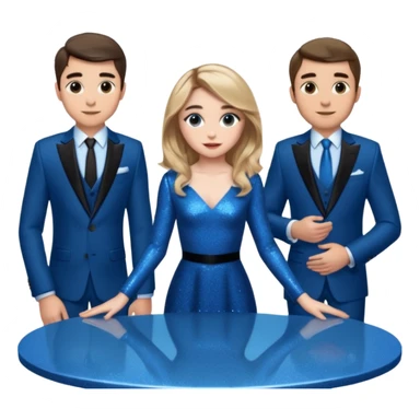 Sabrina carpenter in a blue sparkly dress at a table with 3 handsome men, and she is standing up reaching over  sticker