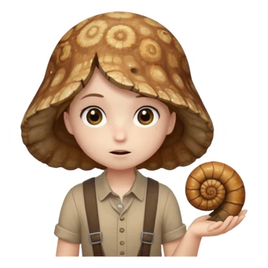 Shelly has a small, chibi-style body with a large ammonite-shaped head that looks like a beige fossil shell. One side of her head has a dark opening, making it clear she isn’t human. Her face is simple and soft, with big round eyes. She wears a brown suspender outfit over a lighter shirt sticker