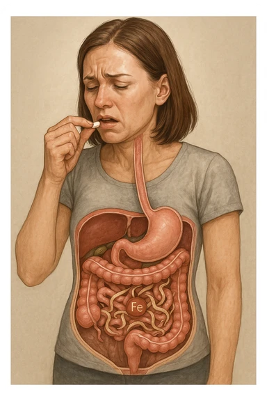 donna con parassiti intestinali che prende integratore di ferro, ma lo mangiano i suoi parassiti. Immagini realistiche sticker