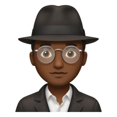 A man emoji with dark skin, wearing round glasses and a black fedora hat, with a clean-shaven face. sticker