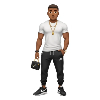 Handsome Black guy with brown skin tone, with muscular build, wearing black sweatpants, a white t-shirt, black Nike air max, a small chain, and a watch  sticker