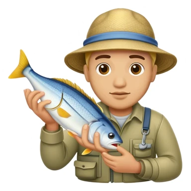 A light-skinned fisherman with a fish without a hat sticker