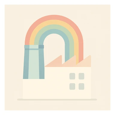 a minimal rainbow factory with simple shapes and pastel rainbow arcs, clean and modern sticker