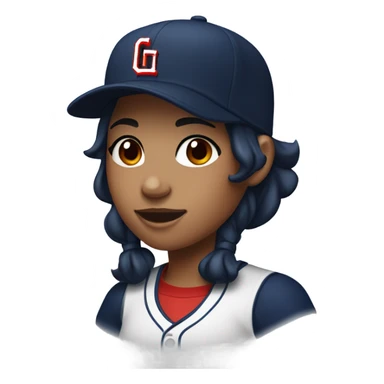 Black long hair girl wearing navy ballcap emblazoned with a red G initial and wearing baseball uniform sticker