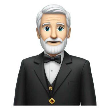 60 year old Caucasian male with grey hair and a grey gotee beard wearing a black dinner suit that has a badge on the left side of the jacket with a Freemason square and compass on it. Make the background a sky blue. sticker