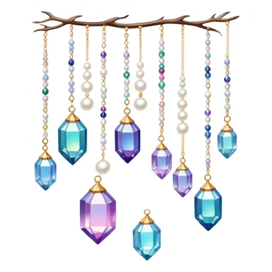 Few cute tiny Iridescent glistening glossy sparkly shiny glittery hanging crystals pearls and beads and gemstones scenery scenic decorations sticker