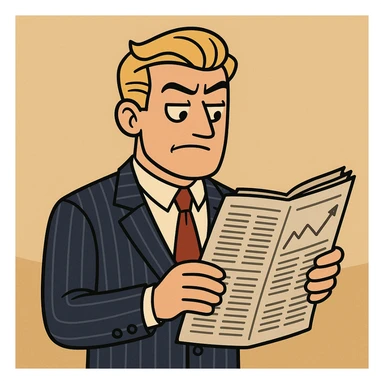 a trader character, classic Wall Street look, pinstripe suit, holding a newspaper sticker