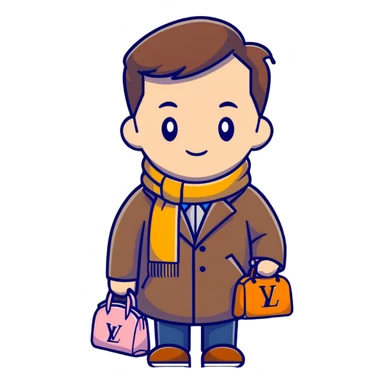 elegant man wearing Louis Vuitton coat and scarf with the iconic LV monogram sticker