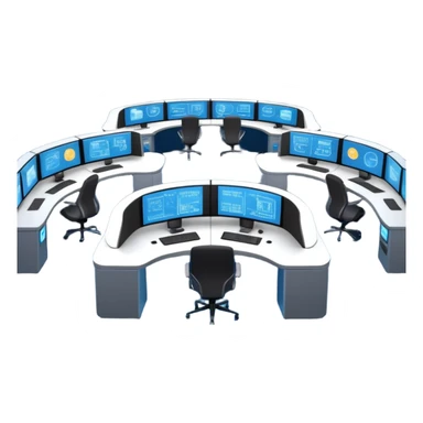 Cinematic mission control center, massive curved video walls with complex telemetry and glowing data visualizations, symmetrical high-tech workstations, dim blue and amber ambient lighting, sharp focus, hyper-realistic, atmosphere of absolute precision. sticker