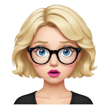 Blonde woman with short wavy hair, blue eyes and pink lips wearing black glasses looking very shocked sticker