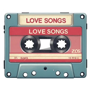Isolated, rendering, vintage style music cassette tape, vintage appearance white label that reads "love songs" on front sticker