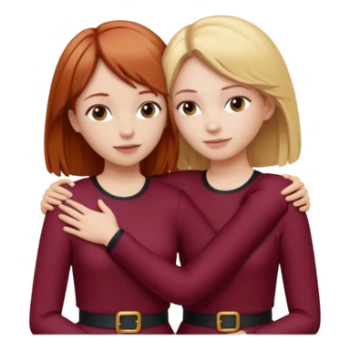 two girls who hug eachother. one has auburn hair with blonde highlights and very pale skin and is wearing white outfit, other has medium-fair skin and blonde hair and is wearing a burgundy outfit sticker