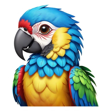 Cinematic Cute Macaw Portrait Emoji, Head tilted playfully and inquisitively, with a dazzling array of colorful plumage and round, sparkling eyes filled with charm, Simplified yet irresistibly adorable features, highly detailed, glowing with a warm, friendly tropical glow, high shine, affectionate and lively, stylized with a touch of whimsical vibrancy, bright and endearing, soft glowing outline, capturing the essence of a mischievous yet loving parrot that seems as if it could flutter out of the screen into your arms! sticker
