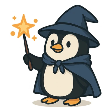 flat toon style penguin wizard casting a spell sticker