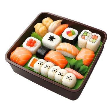 cheerful bento box with sushi, onigiri, and tempura, captioned, “Oishii Time!” sticker