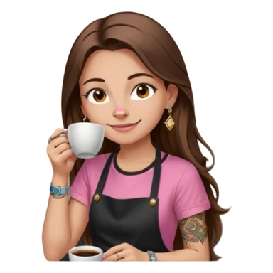 Fille cheveux long châtain, peau beige type européen yeux marron, teeshirt rose avec un tablier noir, piercing au nez anneau doré, boucle d’oreille diamant doré. Elle boit un café Tatouage à la gorge sticker