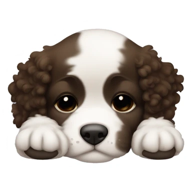 Sleeping black and brown curly fur puppy with white chest and chin sticker