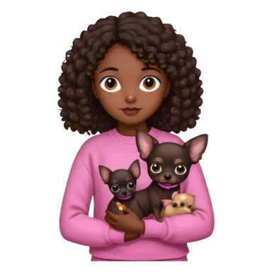 Girl with dark brown curly hair and brown eyes in a pink sweater holding a black chihuahua sticker