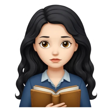 Long Hair Women with Book, Black wavy hair, sad

 sticker
