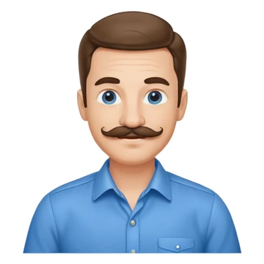 Business owner, well dressed, blue shirt, mustache, happy sticker