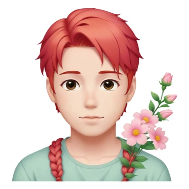 Gorgeous pastel red hair with a thin braid on the side anime style shojo guy with blushing face and flowers aesthetic trending style outside sticker