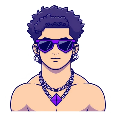 shirtless male athlete with white skin and moderately curly black hair on top with shaved sides, wearing sharp angular geometric purple sunglasses with very dark heavily tinted black lenses, and a simple plain black chain necklace, no earrings sticker