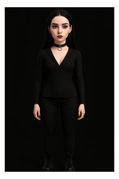 Make the woman more attractive with facial piercings, remove her fringe, dress her in gothic clothing, keep her pale skin and long straight black hair, standing still, with no background. sticker