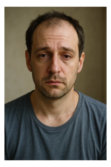 Un uomo caucasico di 35-45 anni, in CGI fotorealistico, che mostra i segni fisici ed emotivi di un basso livello di testosterone. sticker