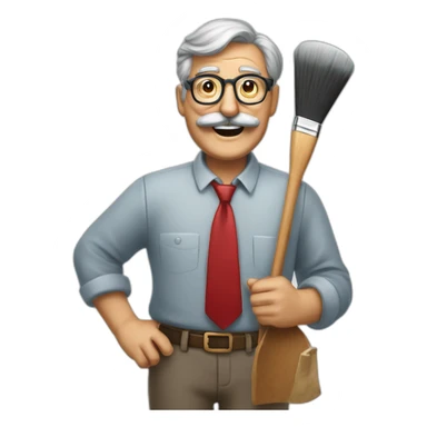 smiling old painter wearing a big grayl horeshoe mustache and glasse. he has a paintbrush in his hand. he wears red shirt and tie sticker