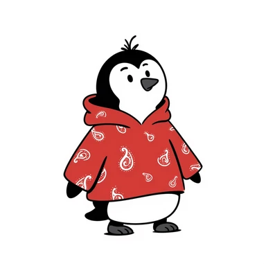 penguin wearing a red paisley pattern hoodie sticker