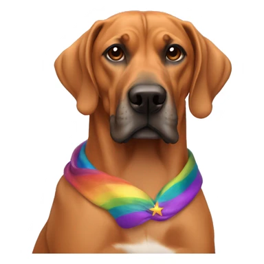 white man with long rainbow colored hair and twisted mustache next to a brown rhodesian ridgeback sticker