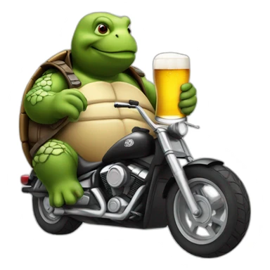 fat turtle man with a motocycle and a beer sticker