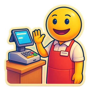 3D smiley emoji, round shape, store clerk wearing colorful apron, name tag, cash register, smiling and friendly expression, specifically helpful mood, transparent background sticker