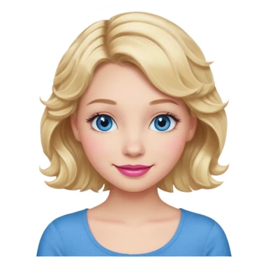 Girl Blonde short wavy hair,  blue eyes, cute blue top, long lashes, pink lips, smiling, 🙅🏻‍♀️ sticker