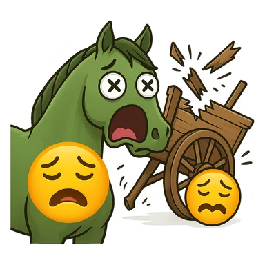 Make the horse cart look broken and add funny, exaggerated emoji expressions to the horse and cart. Keep the style consistent. The style is emoji style. Keep the background transparent. sticker