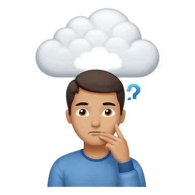 Casually dressed man with one hand on his chin, eyebrows slightly furrowed. A thinking cloud floats above his head containing a critical-thinking symbol (like a question mark, magnifying glass, or logic icon). Realistic emoji aesthetic, clean-shaven, soft neutral background sticker