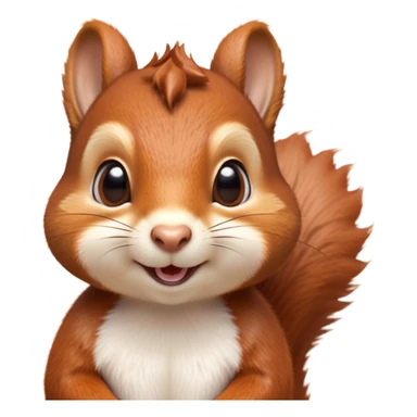 Cinematic Cute Squirrel Portrait Emoji, Head tilted playfully and inquisitively, featuring a fluffy, vibrant auburn Fur with a delicate cream belly and a bushy tail, round, sparkling eyes filled with curious mischief, Simplified yet irresistibly adorable features, highly detailed, glowing with a warm, friendly glow, high shine, affectionate and lively, stylized with a touch of woodland whimsy, bright and endearing, soft glowing outline, capturing the essence of a mischievous yet loving squirrel, so playful it feels like it could leap out of the screen and into your arms! sticker