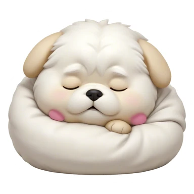 Cinematic Chubby Sleeping Maltese Portrait Emoji, Chubby and serene, with a round, adorable build and a soft, fluffy white coat, eyes gently closed in peaceful slumber, Simplified yet irresistibly endearing features, highly detailed, glowing with a gentle, dreamy glow, high shine, relaxed and content, stylized with a touch of whimsy, bright and heartwarming, soft glowing outline, capturing the essence of a blissfully sleepy companion, so comically serene it feels like it could roll out of the screen and snore with adorable charm! sticker