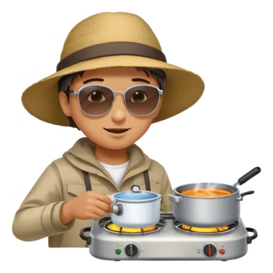 A camper boiling water on a portable stove, enjoying the outdoor breeze.
 sticker